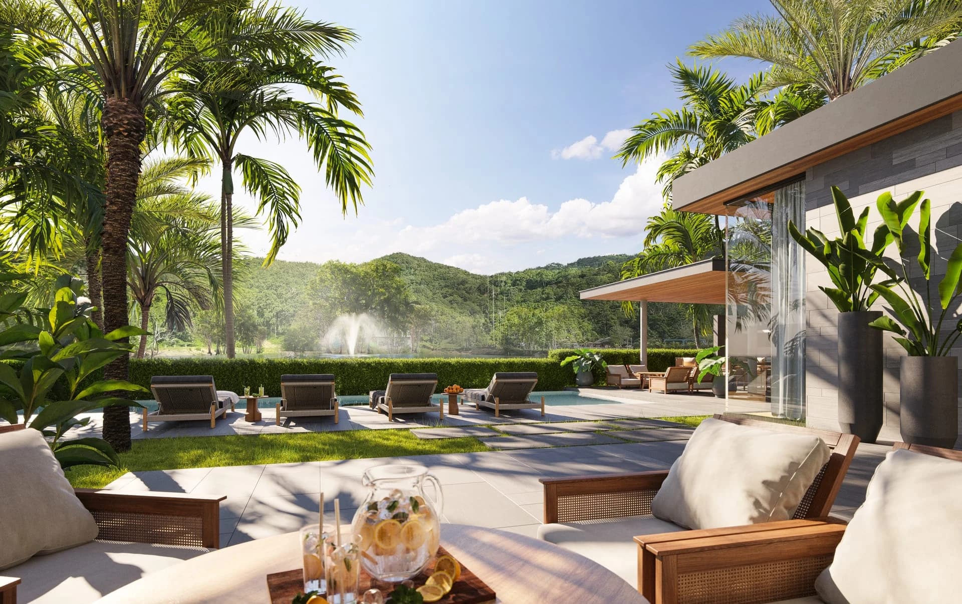 Waterline · a private Redwood villa terrace facing the lake